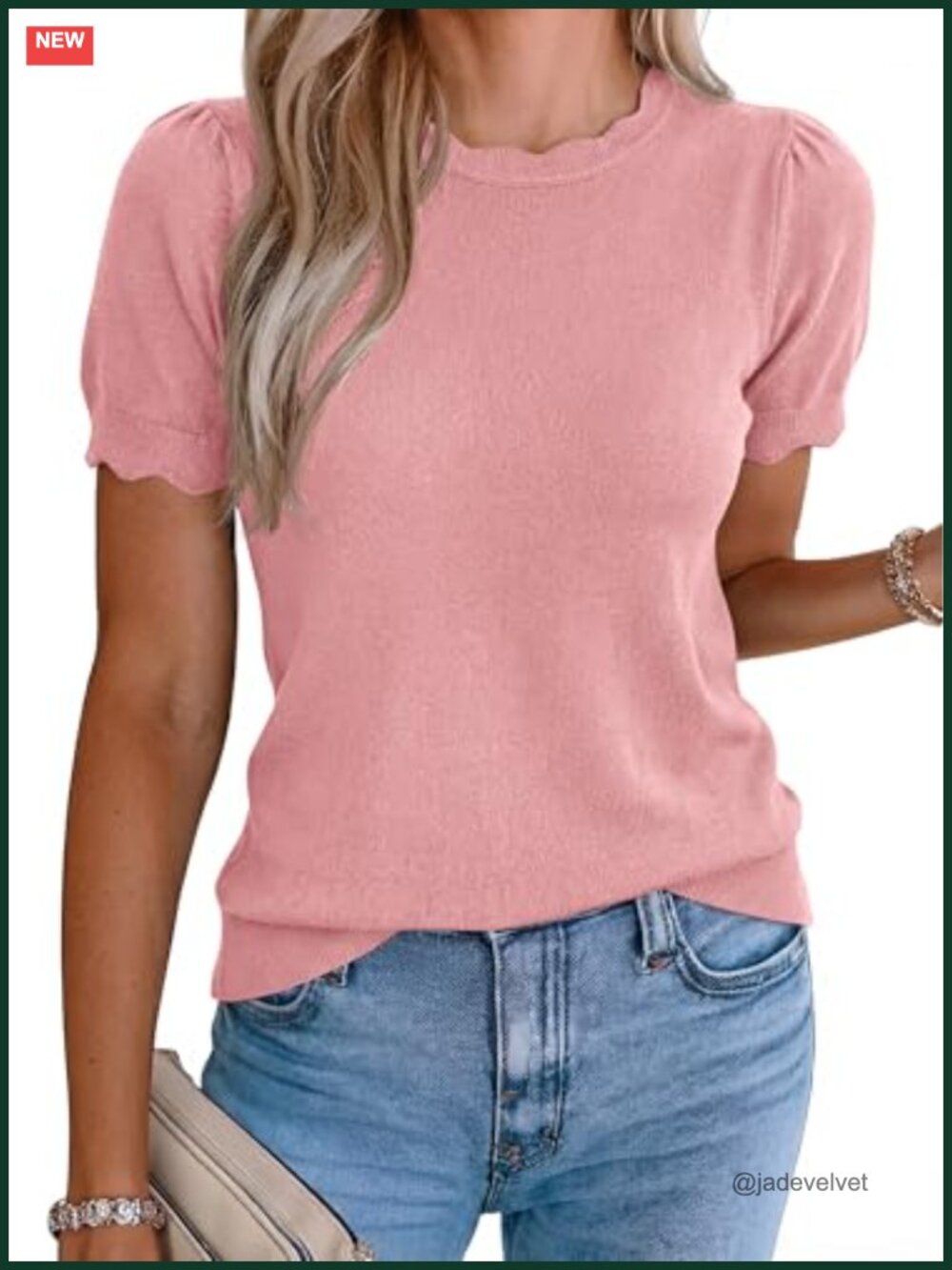 Short Sleeve Knit Sweater Women 100% Viscose Lightweight Crew Neck Scallop Trim